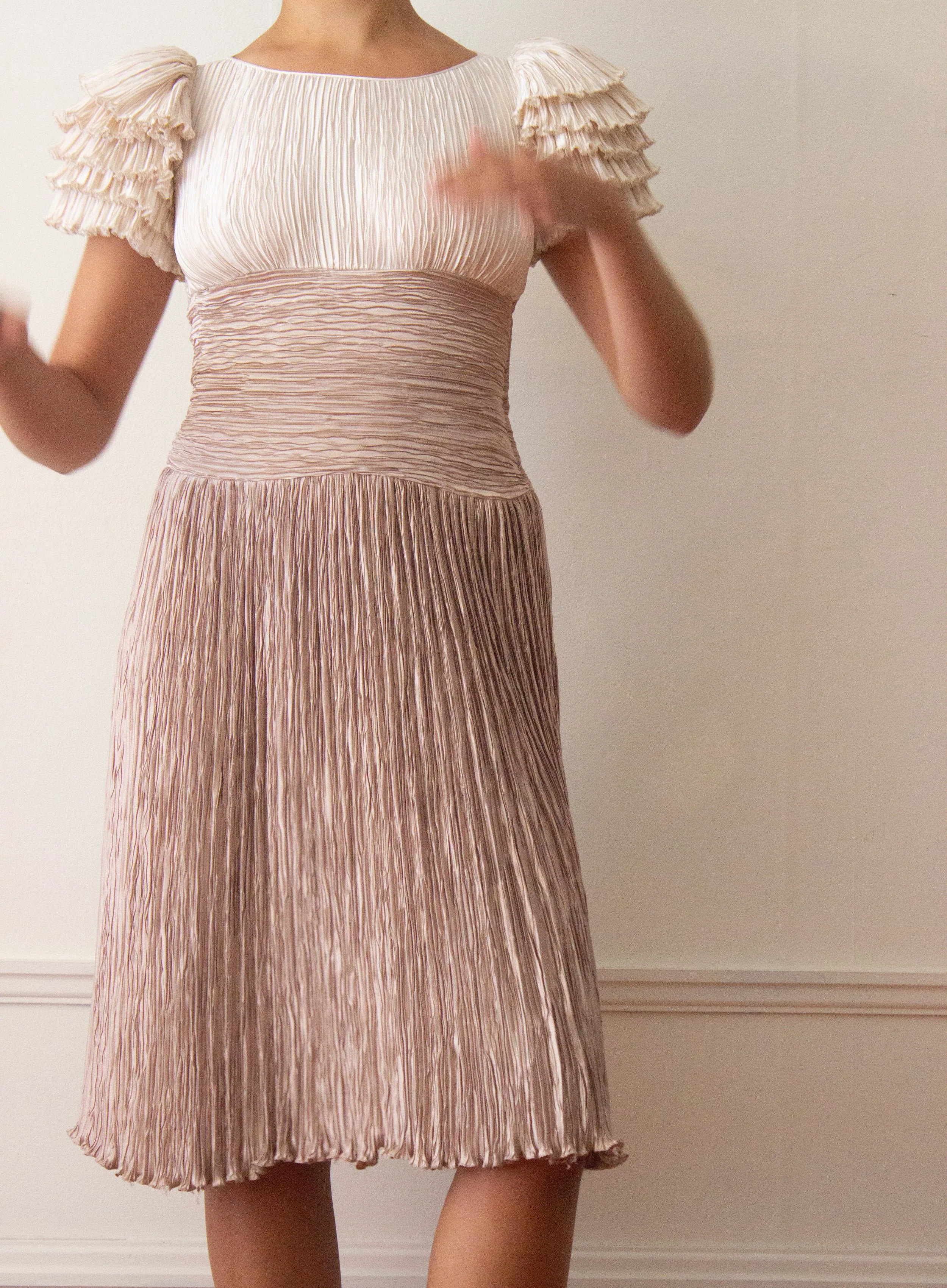 1980s Mary McFadden Creme and Taupe Plisse Cocktail Dress